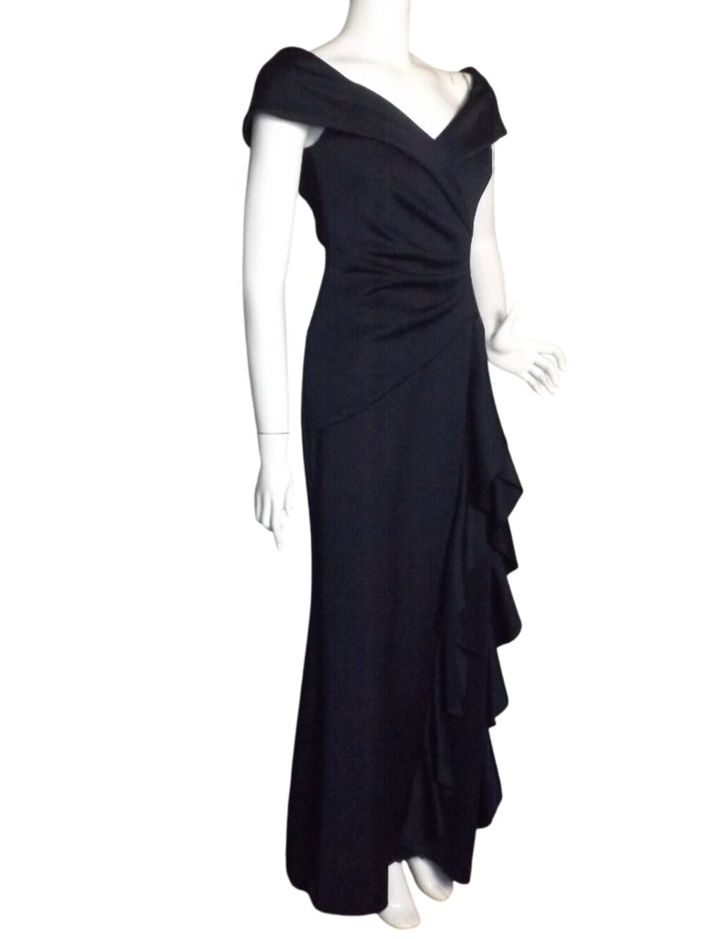 XSCAPE Gown/Dress, 8, Navy Blue,  Ruffle, V-neck, Gathered, Cap Sleeve, Zipper - Picture 4 of 13